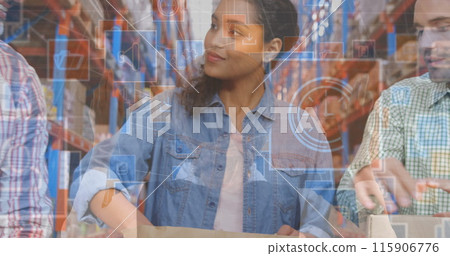 Multiple digital icons against diverse male and female volunteers at warehouse 115906776