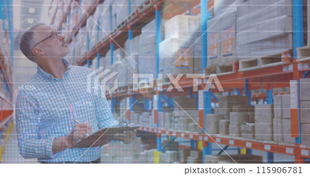 Image of statistics and data processing over caucasian man working in warehouse Image of statistics and data processing over caucasian man working in warehouse 115906781