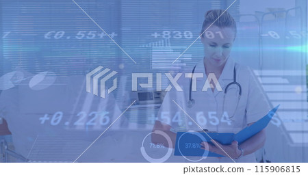 Image of financial data over caucasian female doctor making notes Image of financial data over caucasian female doctor making notes 115906815