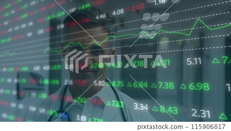 Image of financial data over happy senior caucasian male doctor making notes 115906817
