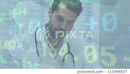 Image of financial data over caucasian male doctor making notes Image of financial data over caucasian male doctor making notes 115906837