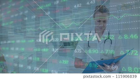 Image of financial data over caucasian female doctor making notes 115906839
