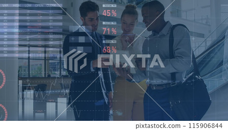 Image of financial data processing over three diverse business people Image of financial data processing over three diverse business people 115906844
