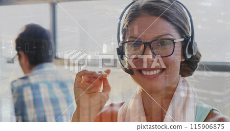 Image of financial graphs over happy caucasian female consultant in office 115906875