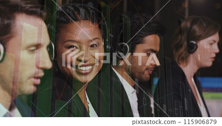 Image of financial graphs over happy diverse female and male consultants in office Image of financial graphs over happy diverse female and male consultants in office 115906879