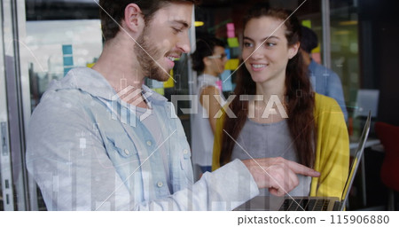 Statistical data processing against caucasian businessman and businesswoman discussing at office Statistical data processing against caucasian businessman and businesswoman discussing at office 115906880