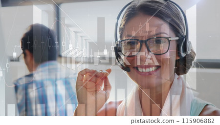 Image of financial graphs over happy caucasian female consultant in office 115906882