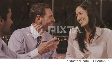 Image of financial graphs over happy diverse businesspeople talking in office 115906886