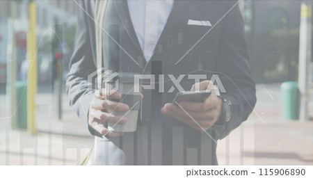 Image of financial graphs over midsection of caucasian businessman using smartphone 115906890