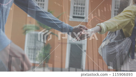 Image of financial data and graphs over caucasian couple holding hands Image of financial data and graphs over caucasian couple holding hands 115906893
