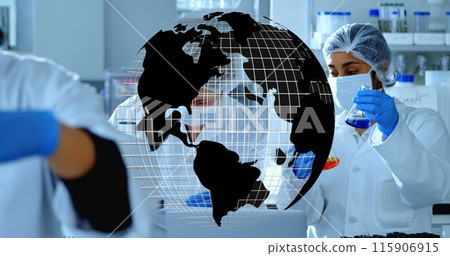 Image of globe over group of diverse scientists in lab 115906915