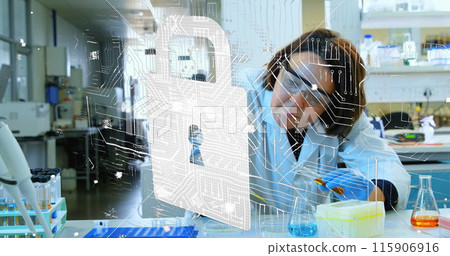 Image of padlock over caucasian female scientist in lab 115906916