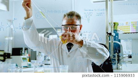 Image of mathematical equations over caucasian male scientist in lab 115906933