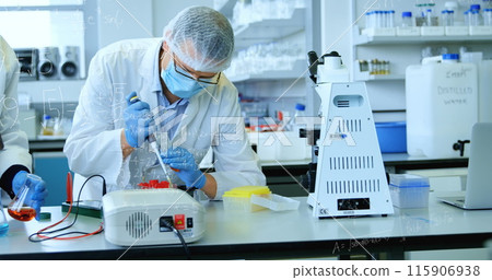 Image of mathematical equations over group of diverse scientists in lab 115906938