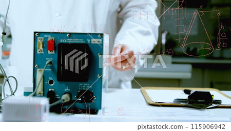 Image of mathematical equations over caucasian male scientist in lab Image of mathematical equations over caucasian male scientist in lab 115906942