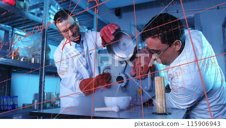 Image of mathematical equations over diverse male scientists in lab 115906943