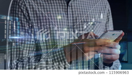 Image of graphs over hands of caucasian man using smartphone 115906963