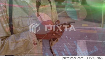 Image of graphs over midsection of biracial woman using smartphone Image of graphs over midsection of biracial woman using smartphone 115906966