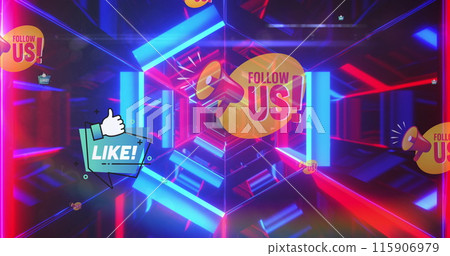 Image of social media reactions over tunnel made of moving neon lights Image of social media reactions over tunnel made of moving neon lights 115906979