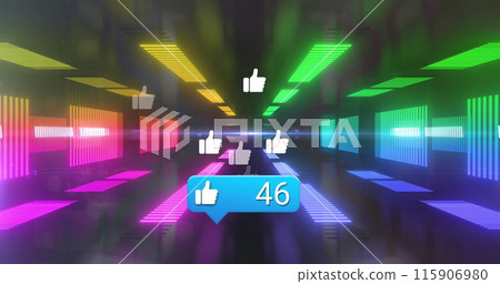 Image of social media reactions over tunnel made of moving neon lights Image of social media reactions over tunnel made of moving neon lights 115906980