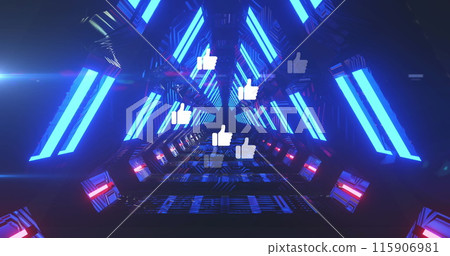 Image of social media reactions over tunnel made of moving neon lights Image of social media reactions over tunnel made of moving neon lights 115906981