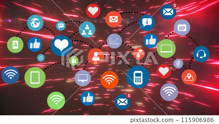 Image of social media icons over red lights moving fast on black background Image of social media icons over red lights moving fast on black background 115906986