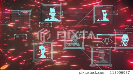 Image of social media reactions and user icons over red lights moving fast on black background 115906987
