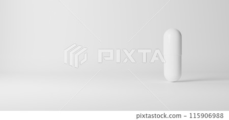 White capsules on a white background. Pills. Copy space. 3D (landscape) White capsules on a white background. Pills. Copy space. 3D (landscape) 115906988