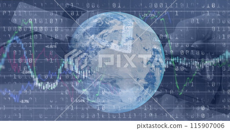 Financial data processing over globe against close up of person's hand using a card machine 115907006