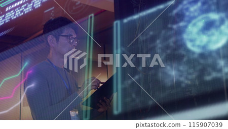 Image of data processing over asian male worker in server room Image of data processing over asian male worker in server room 115907039