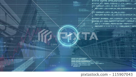 Clock neon digital clock ticking and data processing against city bridge Clock neon digital clock ticking and data processing against city bridge 115907043