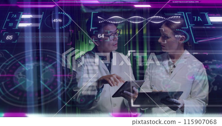 Image of data processing over diverse workers in server room 115907068