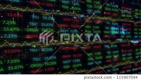 Image of financial data processing over cityscape 115907094