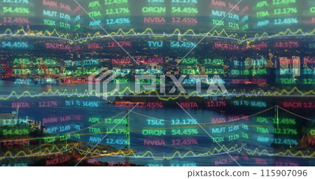 Image of financial data processing over cityscape 115907096