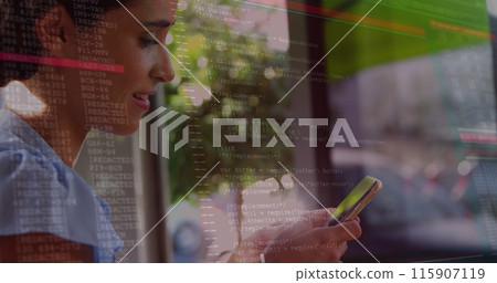 Image of digital interface over biracial women using smartphone 115907119