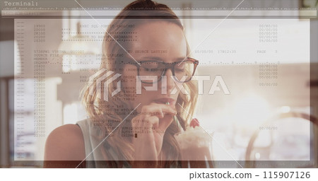 Image of digital interface over biracial women drinking coffee Image of digital interface over biracial women drinking coffee 115907126