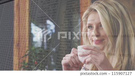 Image of digital interface over biracial women drinking coffee 115907127