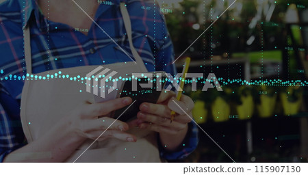 Image of financial graphs over caucasian woman with payment terminal Image of financial graphs over caucasian woman with payment terminal 115907130