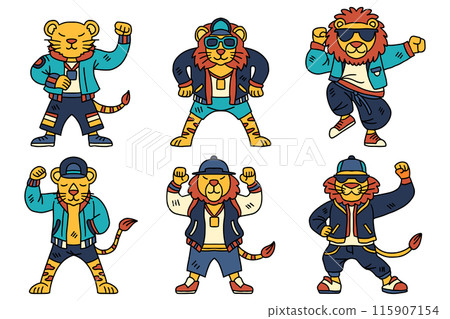 A group of cartoon lion are dressed in clothing and are posing for a picture A group of cartoon lion are dressed in clothing and are posing for a picture 115907154