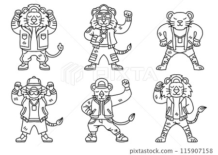 A group of cartoon lion are dressed in clothing and are posing for a picture A group of cartoon lion are dressed in clothing and are posing for a picture 115907158