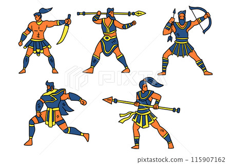 A group of men dressed in ancient Roman holding weapons A group of men dressed in ancient Roman holding weapons 115907162