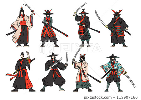 A group of men dressed in traditional Japanese clothing are holding swords 115907166