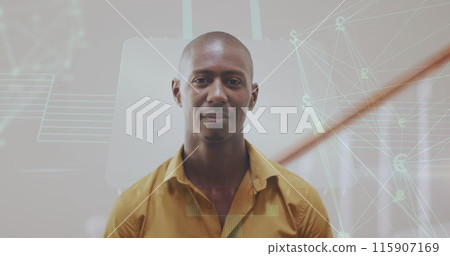 Image of data processing over african american man smiling Image of data processing over african american man smiling 115907169
