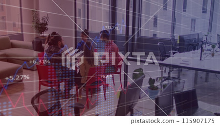 Image of financial data processing over business people working in office 115907175