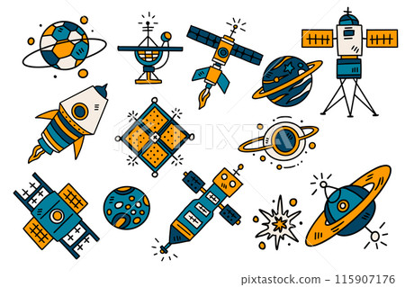 A collection of space-themed drawings, including rockets, planets 115907176