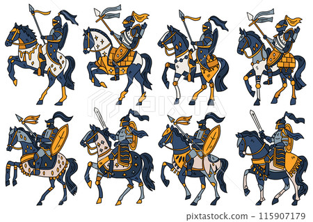 A series of black and white images of knights riding horses A series of black and white images of knights riding horses 115907179