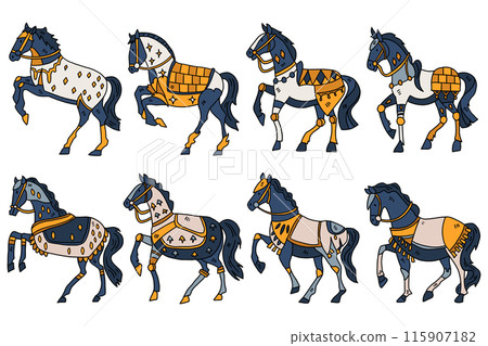 A series of horses are shown in various poses, with some standing A series of horses are shown in various poses, with some standing 115907182