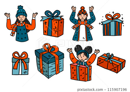 A set of drawings of people and boxes with bows on them 115907196