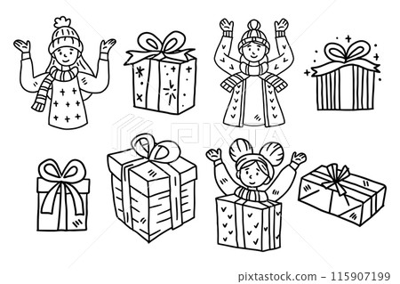 A set of drawings of people and boxes with bows on them 115907199