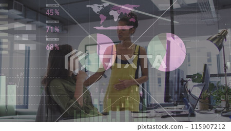 Image of statistics and financial data processing over diverse business people in office Image of statistics and financial data processing over diverse business people in office 115907212